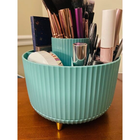 Diesisa 5 Slot Make up Brushes Blue Cup 360° Rotating Makeup Brush Holder - Picture 2 of 6